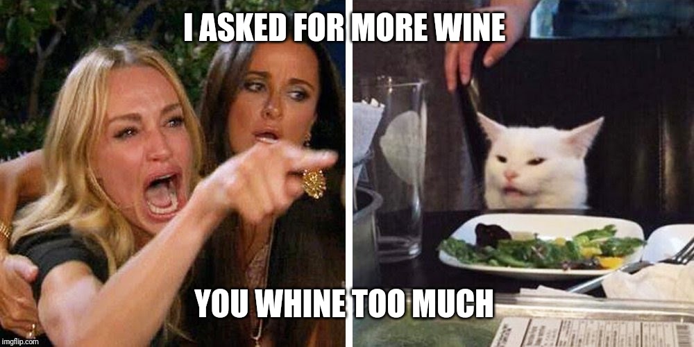 Smudge the cat | I ASKED FOR MORE WINE; YOU WHINE TOO MUCH | image tagged in smudge the cat | made w/ Imgflip meme maker
