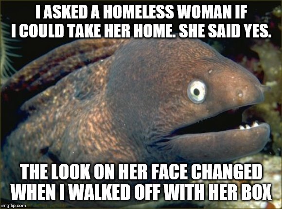 There's a Black Humour Weekend I see from11-29 to 12-1 |  I ASKED A HOMELESS WOMAN IF I COULD TAKE HER HOME. SHE SAID YES. THE LOOK ON HER FACE CHANGED WHEN I WALKED OFF WITH HER BOX | image tagged in memes,bad joke eel,jokes | made w/ Imgflip meme maker