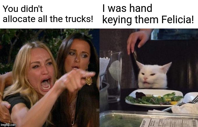 Woman Yelling At Cat Meme | You didn't allocate all the trucks! I was hand keying them Felicia! | image tagged in memes,woman yelling at cat | made w/ Imgflip meme maker
