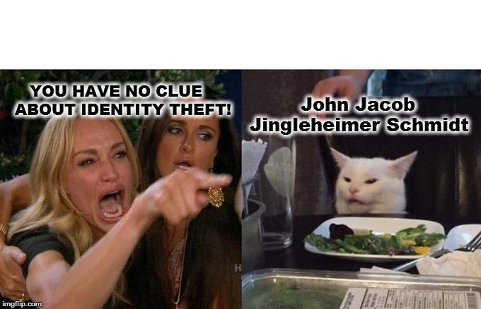Woman Yelling At Cat | YOU HAVE NO CLUE ABOUT IDENTITY THEFT! John Jacob Jingleheimer Schmidt | image tagged in memes,woman yelling at cat | made w/ Imgflip meme maker