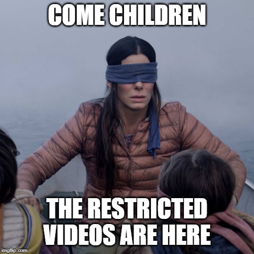 Bird Box | COME CHILDREN; THE RESTRICTED VIDEOS ARE HERE | image tagged in memes,bird box | made w/ Imgflip meme maker