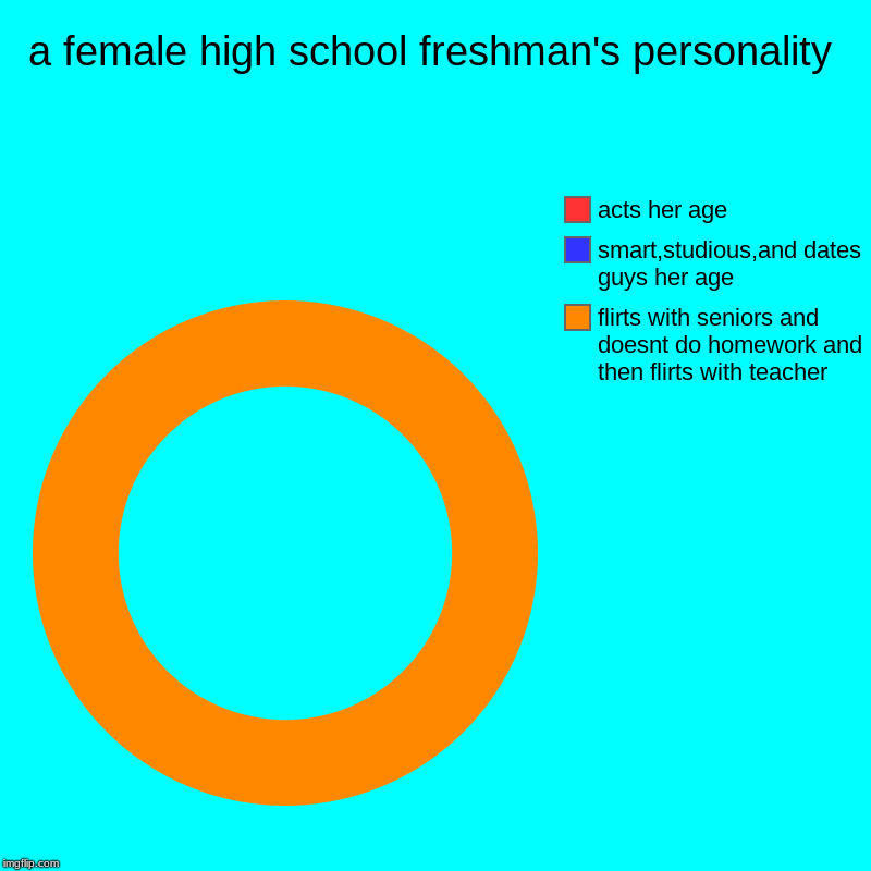 a female high school freshman's personality | flirts with seniors and doesnt do homework and then flirts with teacher, smart,studious,and da | image tagged in charts,donut charts | made w/ Imgflip chart maker