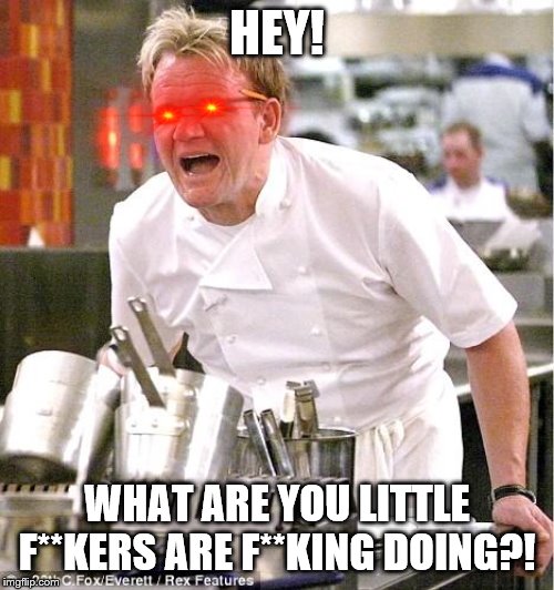 Chef Gordon Ramsay Meme | HEY! WHAT ARE YOU LITTLE F**KERS ARE F**KING DOING?! | image tagged in memes,chef gordon ramsay | made w/ Imgflip meme maker