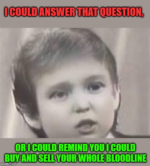Just You Wait and See --- Trumpkin | I COULD ANSWER THAT QUESTION, OR I COULD REMIND YOU I COULD BUY AND SELL YOUR WHOLE BLOODLINE | image tagged in just you wait and see --- trumpkin | made w/ Imgflip meme maker