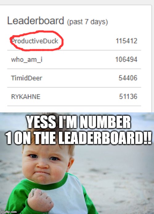 yeas i made it!! | YESS I'M NUMBER 1 ON THE LEADERBOARD!! | image tagged in memes,success kid original,we are number one,funny,leaderboard,imgflip | made w/ Imgflip meme maker