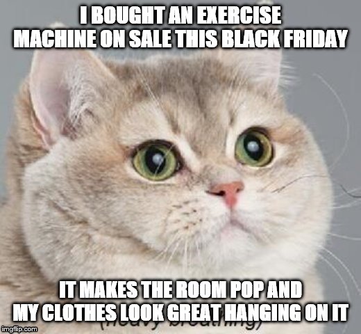Heavy Breathing Cat Meme | I BOUGHT AN EXERCISE MACHINE ON SALE THIS BLACK FRIDAY; IT MAKES THE ROOM POP AND MY CLOTHES LOOK GREAT HANGING ON IT | image tagged in memes,heavy breathing cat | made w/ Imgflip meme maker