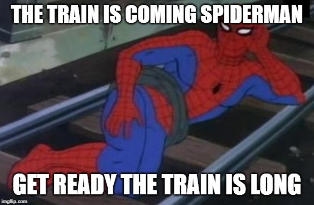Sexy Railroad Spiderman Meme | THE TRAIN IS COMING SPIDERMAN; GET READY THE TRAIN IS LONG | image tagged in memes,sexy railroad spiderman,spiderman | made w/ Imgflip meme maker