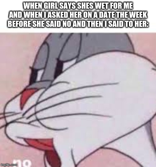 no bugs bunny | WHEN GIRL SAYS SHES WET FOR ME AND WHEN I ASKED HER ON A DATE THE WEEK BEFORE SHE SAID NO AND THEN I SAID TO HER: | image tagged in no bugs bunny | made w/ Imgflip meme maker