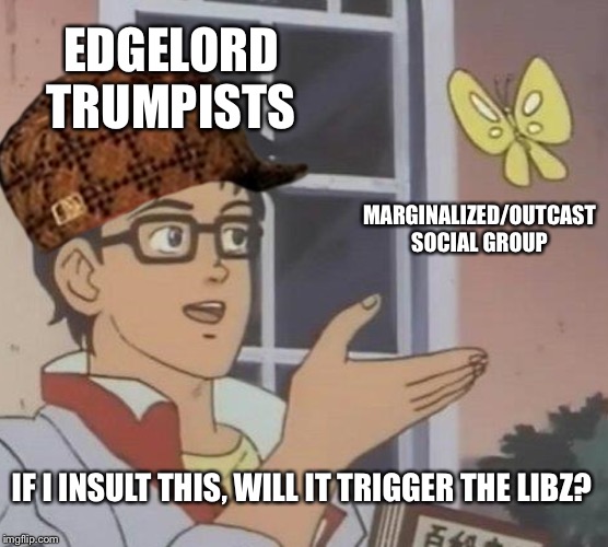 @Politics stream again | EDGELORD TRUMPISTS; MARGINALIZED/OUTCAST SOCIAL GROUP; IF I INSULT THIS, WILL IT TRIGGER THE LIBZ? | image tagged in memes,is this a pigeon,politics,oppression,triggered liberal,triggered | made w/ Imgflip meme maker