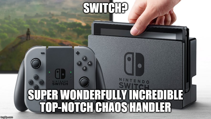 Nintendo Switch | SWITCH? SUPER WONDERFULLY INCREDIBLE TOP-NOTCH CHAOS HANDLER | image tagged in nintendo switch | made w/ Imgflip meme maker