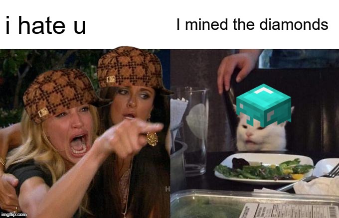 Woman Yelling At Cat Meme | i hate u; I mined the diamonds | image tagged in memes,woman yelling at cat | made w/ Imgflip meme maker