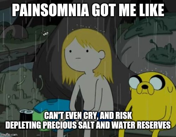 Life Sucks Meme | PAINSOMNIA GOT ME LIKE; CAN'T EVEN CRY, AND RISK DEPLETING PRECIOUS SALT AND WATER RESERVES | image tagged in memes,life sucks | made w/ Imgflip meme maker