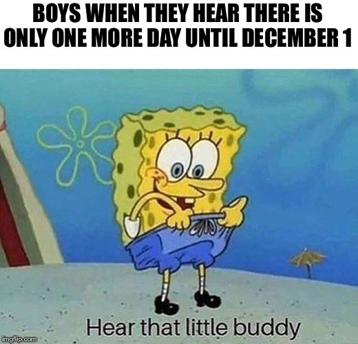 hear that little buddy | BOYS WHEN THEY HEAR THERE IS ONLY ONE MORE DAY UNTIL DECEMBER 1 | image tagged in hear that little buddy | made w/ Imgflip meme maker