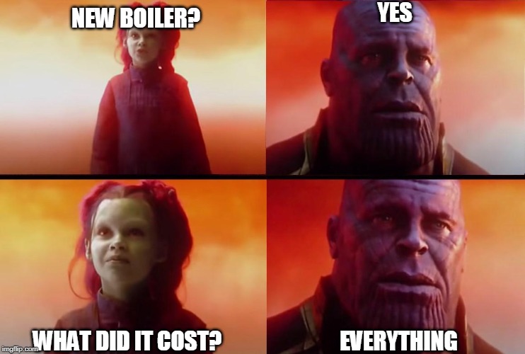 thanos what did it cost | YES; NEW BOILER? WHAT DID IT COST? EVERYTHING | image tagged in thanos what did it cost | made w/ Imgflip meme maker