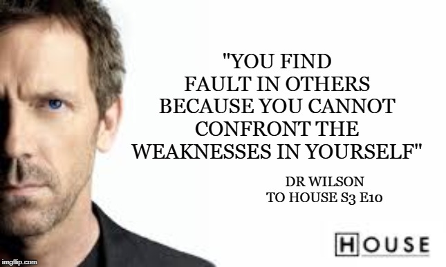 "YOU FIND FAULT IN OTHERS BECAUSE YOU CANNOT CONFRONT THE WEAKNESSES IN YOURSELF"; DR WILSON TO HOUSE S3 E10 | image tagged in housemd | made w/ Imgflip meme maker