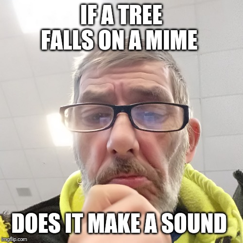 Pondering Bert | IF A TREE FALLS ON A MIME; DOES IT MAKE A SOUND | image tagged in pondering bert | made w/ Imgflip meme maker