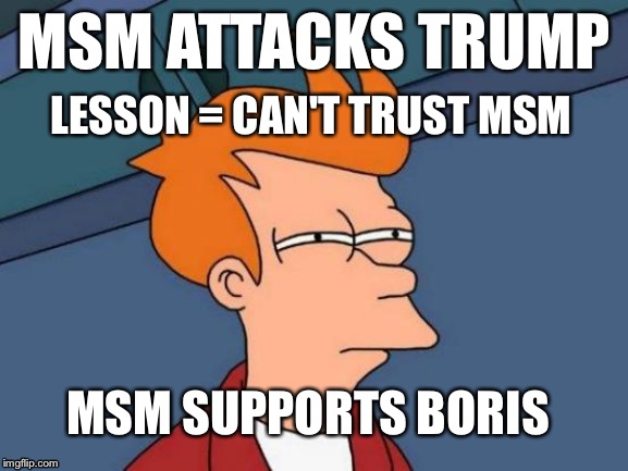 Trustworthy MSM | MSM ATTACKS TRUMP; LESSON = CAN'T TRUST MSM; MSM SUPPORTS BORIS | image tagged in memes,futurama fry | made w/ Imgflip meme maker
