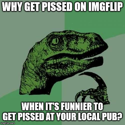 Philosoraptor Meme | WHY GET PISSED ON IMGFLIP WHEN IT'S FUNNIER TO GET PISSED AT YOUR LOCAL PUB? | image tagged in memes,philosoraptor | made w/ Imgflip meme maker
