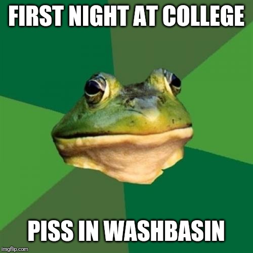 Foul Bachelor Frog | FIRST NIGHT AT COLLEGE; PISS IN WASHBASIN | image tagged in memes,foul bachelor frog | made w/ Imgflip meme maker