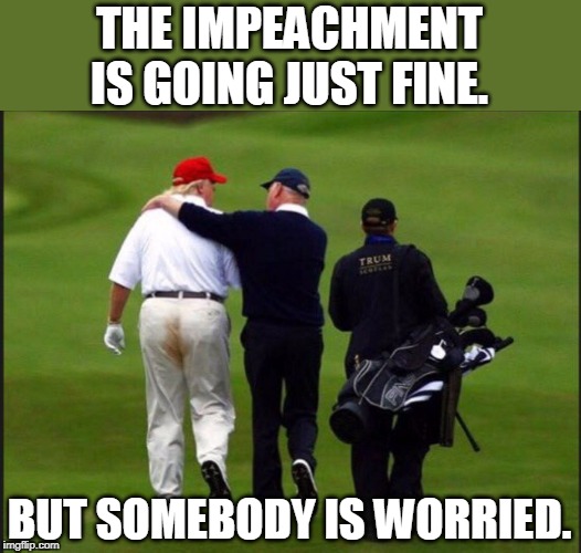 trump shits pants | THE IMPEACHMENT IS GOING JUST FINE. BUT SOMEBODY IS WORRIED. | image tagged in trump shits pants | made w/ Imgflip meme maker