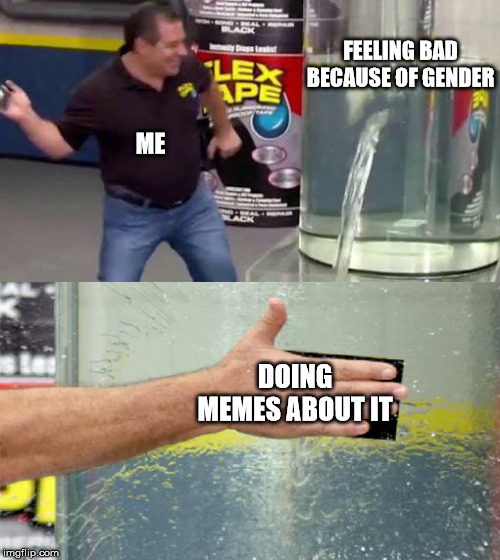 Solution | FEELING BAD BECAUSE OF GENDER; ME; DOING MEMES ABOUT IT | image tagged in flex tape,trans,gender,dysphoria,transgender | made w/ Imgflip meme maker