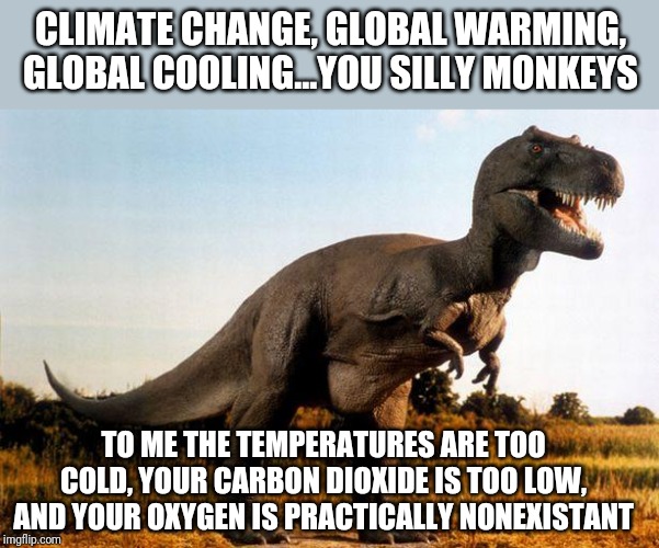 So during the 165 million years the dinosaurs were running around, climate and temps never changed right? Hello? Alarmist? | CLIMATE CHANGE, GLOBAL WARMING, GLOBAL COOLING...YOU SILLY MONKEYS; TO ME THE TEMPERATURES ARE TOO COLD, YOUR CARBON DIOXIDE IS TOO LOW, AND YOUR OXYGEN IS PRACTICALLY NONEXISTANT | image tagged in dinosaur | made w/ Imgflip meme maker