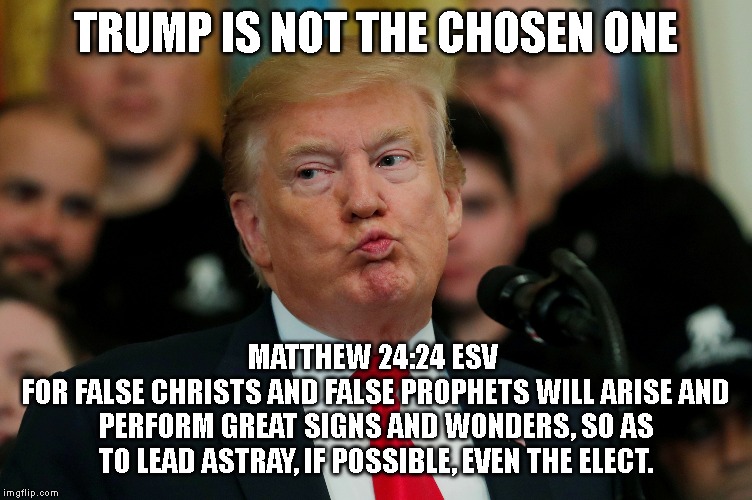 DO NOT BE LED ASTRAY - Trump is NOT CHRISTIAN! | TRUMP IS NOT THE CHOSEN ONE; MATTHEW 24:24 ESV 
FOR FALSE CHRISTS AND FALSE PROPHETS WILL ARISE AND PERFORM GREAT SIGNS AND WONDERS, SO AS TO LEAD ASTRAY, IF POSSIBLE, EVEN THE ELECT. | image tagged in false prophet,liar,conman,satanic,impeach trump,traitor | made w/ Imgflip meme maker