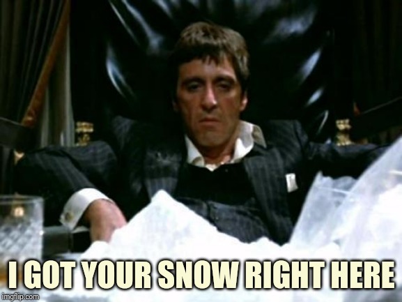 Scarface Cocaine | I GOT YOUR SNOW RIGHT HERE | image tagged in scarface cocaine | made w/ Imgflip meme maker