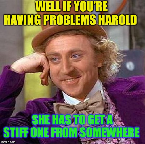 Creepy Condescending Wonka Meme | WELL IF YOU’RE HAVING PROBLEMS HAROLD SHE HAS TO GET A STIFF ONE FROM SOMEWHERE | image tagged in memes,creepy condescending wonka | made w/ Imgflip meme maker