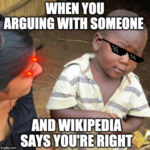 Third World Skeptical Kid | WHEN YOU ARGUING WITH SOMEONE; AND WIKIPEDIA SAYS YOU'RE RIGHT | image tagged in memes,third world skeptical kid | made w/ Imgflip meme maker