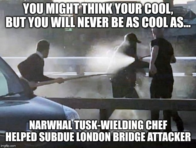 Steve McQueen was King of cool, but... | YOU MIGHT THINK YOUR COOL, BUT YOU WILL NEVER BE AS COOL AS... NARWHAL TUSK-WIELDING CHEF HELPED SUBDUE LONDON BRIDGE ATTACKER | image tagged in london bridge,lenarwhal,tusk | made w/ Imgflip meme maker