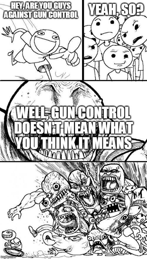 They're not gonna take your guns away, so stop worrying | HEY, ARE YOU GUYS AGAINST GUN CONTROL; YEAH, SO? WELL, GUN CONTROL DOESN'T MEAN WHAT YOU THINK IT MEANS | image tagged in memes,hey internet,gun control,gun,guns,it doesn't mean what you think it means | made w/ Imgflip meme maker