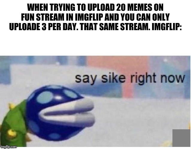 Uploading memes on imgflip | WHEN TRYING TO UPLOAD 20 MEMES ON FUN STREAM IN IMGFLIP AND YOU CAN ONLY UPLOADE 3 PER DAY. THAT SAME STREAM. IMGFLIP: | image tagged in say sike right now,imgflip | made w/ Imgflip meme maker
