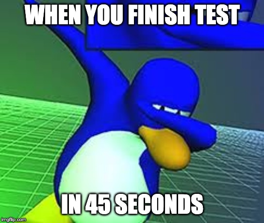 penguin dab | WHEN YOU FINISH TEST; IN 45 SECONDS | image tagged in penguin dab | made w/ Imgflip meme maker