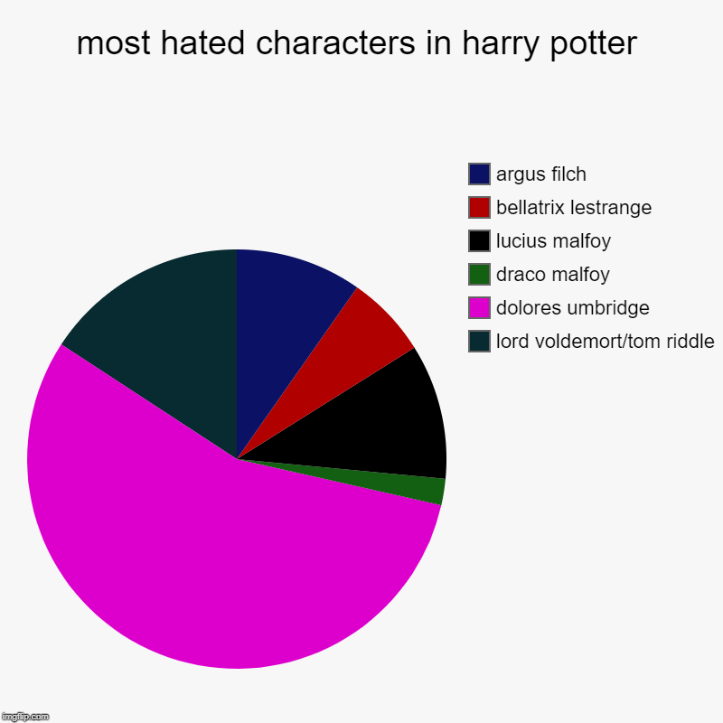 most hated characters in harry potter | lord voldemort/tom riddle, dolores umbridge, draco malfoy, lucius malfoy, bellatrix lestrange, argus | image tagged in charts,pie charts | made w/ Imgflip chart maker