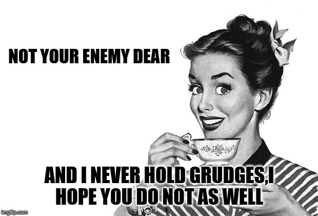 1950s Housewife | NOT YOUR ENEMY DEAR AND I NEVER HOLD GRUDGES,I HOPE YOU DO NOT AS WELL | image tagged in 1950s housewife | made w/ Imgflip meme maker