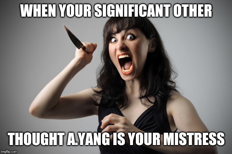 Angry woman | WHEN YOUR SIGNIFICANT OTHER; THOUGHT A.YANG IS YOUR MISTRESS | image tagged in angry woman | made w/ Imgflip meme maker