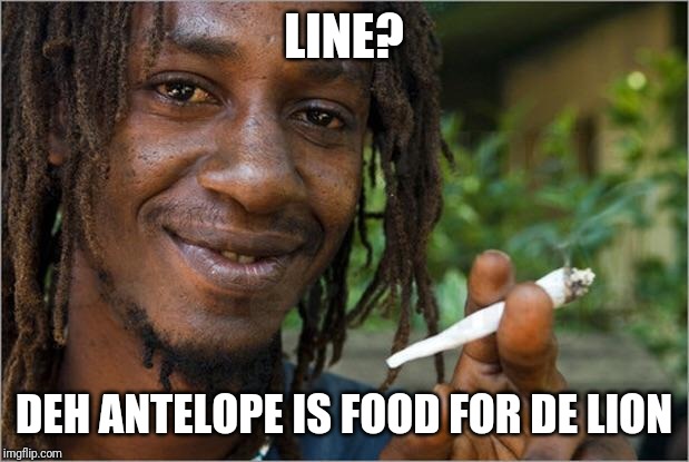 Line? | LINE? DEH ANTELOPE IS FOOD FOR DE LION | image tagged in jamaican,lion,food,memes,antelope,bad pun | made w/ Imgflip meme maker