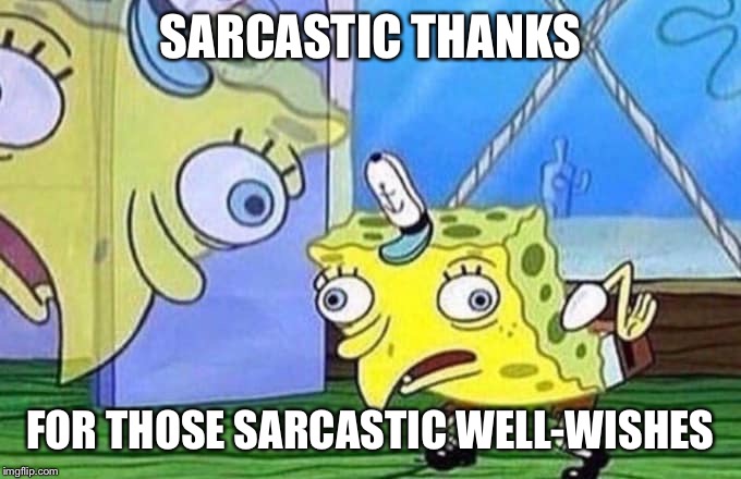 Mocking Spongebob | SARCASTIC THANKS; FOR THOSE SARCASTIC WELL-WISHES | image tagged in mocking spongebob | made w/ Imgflip meme maker