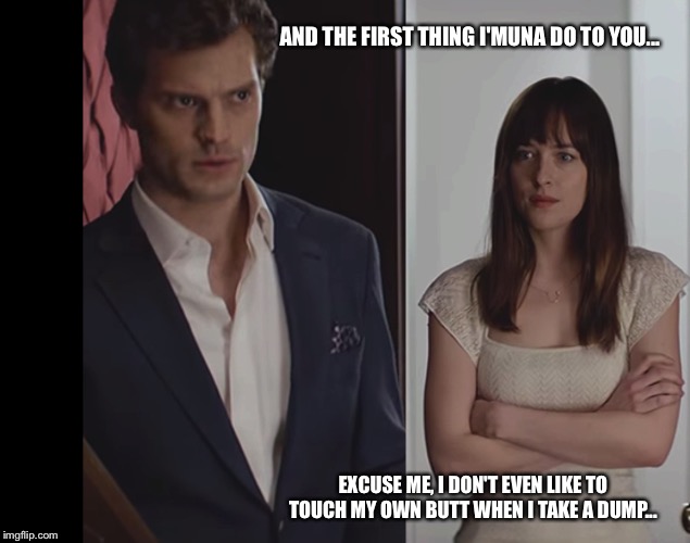 AND THE FIRST THING I'MUNA DO TO YOU... EXCUSE ME, I DON'T EVEN LIKE TO TOUCH MY OWN BUTT WHEN I TAKE A DUMP... | image tagged in fifty shades | made w/ Imgflip meme maker
