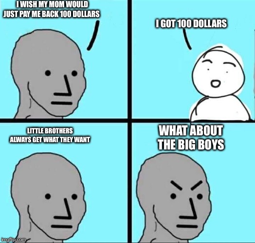 NPC Meme | I WISH MY MOM WOULD JUST PAY ME BACK 100 DOLLARS; I GOT 100 DOLLARS; LITTLE BROTHERS ALWAYS GET WHAT THEY WANT; WHAT ABOUT THE BIG BOYS | image tagged in npc meme | made w/ Imgflip meme maker