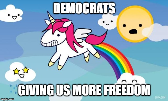 Rainbow unicorn | DEMOCRATS; GIVING US MORE FREEDOM | image tagged in rainbow unicorn | made w/ Imgflip meme maker