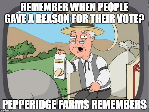 PEPPERIDGE FARMS REMEMBERS | REMEMBER WHEN PEOPLE GAVE A REASON FOR THEIR VOTE? | image tagged in pepperidge farms remembers | made w/ Imgflip meme maker