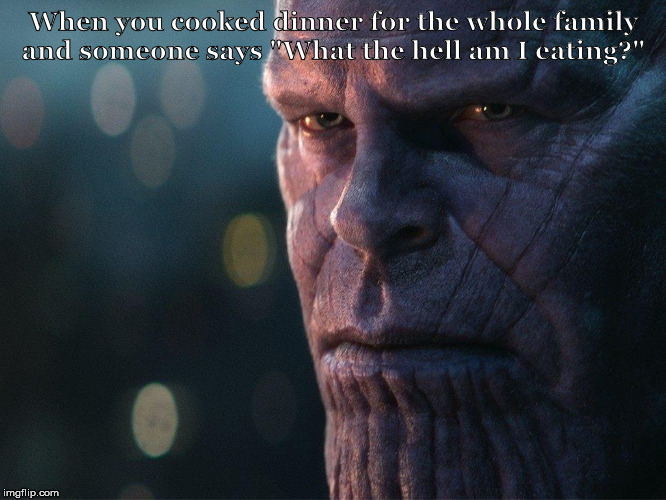 Thanos Meme III | When you cooked dinner for the whole family and someone says "What the hell am I eating?" | image tagged in thanos,dinner | made w/ Imgflip meme maker
