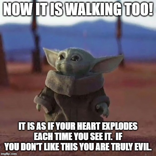 Baby Yoda | NOW IT IS WALKING TOO! IT IS AS IF YOUR HEART EXPLODES EACH TIME YOU SEE IT.  IF YOU DON'T LIKE THIS YOU ARE TRULY EVIL. | image tagged in baby yoda | made w/ Imgflip meme maker