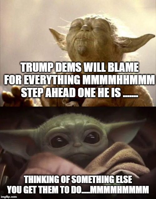 TRUMP DEMS WILL BLAME FOR EVERYTHING MMMMHHMMM STEP AHEAD ONE HE IS ....... THINKING OF SOMETHING ELSE YOU GET THEM TO DO.....MMMMHMMMM | image tagged in yoda smell,baby yoda | made w/ Imgflip meme maker