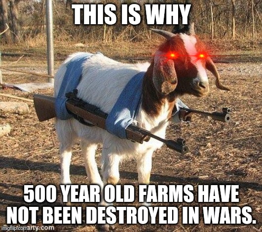 Goat Tank THIS IS WHY; 500 YEAR OLD FARMS HAVE NOT BEEN DESTROYED IN WARS. ...
