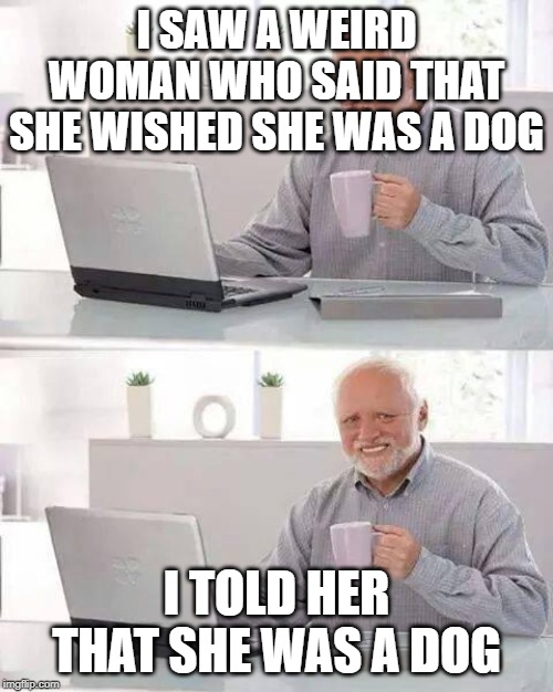 Hide the Pain Harold Meme | I SAW A WEIRD WOMAN WHO SAID THAT SHE WISHED SHE WAS A DOG; I TOLD HER THAT SHE WAS A DOG | image tagged in memes,hide the pain harold | made w/ Imgflip meme maker