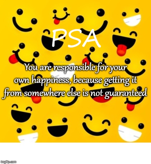 PSA Your Happiness | PSA; You are responsible for your own happiness, because getting it from somewhere else is not guaranteed; COVELL BELLAMY III | image tagged in psa your happiness | made w/ Imgflip meme maker
