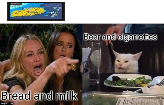 Woman Yelling At Cat Meme | Beer and cigarrettes; Bread and milk | image tagged in memes,woman yelling at cat | made w/ Imgflip meme maker